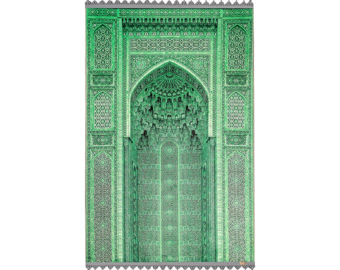 Prayer Rug Green with Mihrab Ottoman Pattern | Soft Silk Touch, Non-Slip Cotton Base | Custom Size, Woven Fringe | Islamic Home Decor