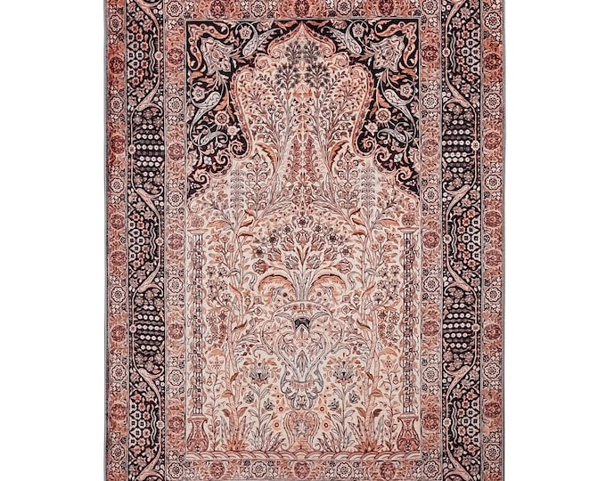 Prayer Rug Brown Cream Floral – Turkish Islamic Mat for Women Men – Soft Washable Muslim Carpet – Non Slip Gift for Prayer Room