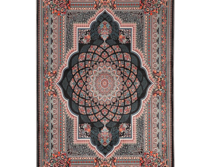 Prayer Rug – Mandala Floral Design – Black Red Islamic Mat – Soft Non Slip Carpet – Elegant Accent Rug for Prayer or Living Room