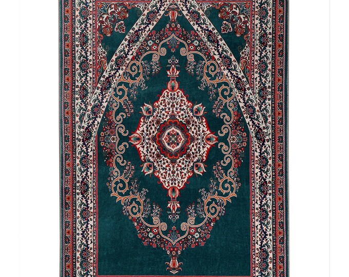 Prayer Rug: Green & Red Mihrab Design, Islamic Gift