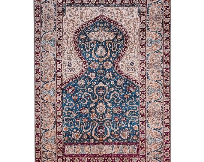 Prayer Rug Navy Beige – Soft Washable Islamic Mat for Muslim Mom Dad – Turkish Luxury Gift for Home & Prayer Room