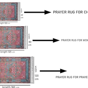 May include: Three prayer rugs with different sizes and dimensions. The smallest rug is 60 cm wide and 100 cm long, the middle rug is 80 cm wide and 125 cm long, and the largest rug is 120 cm wide and 180 cm long.