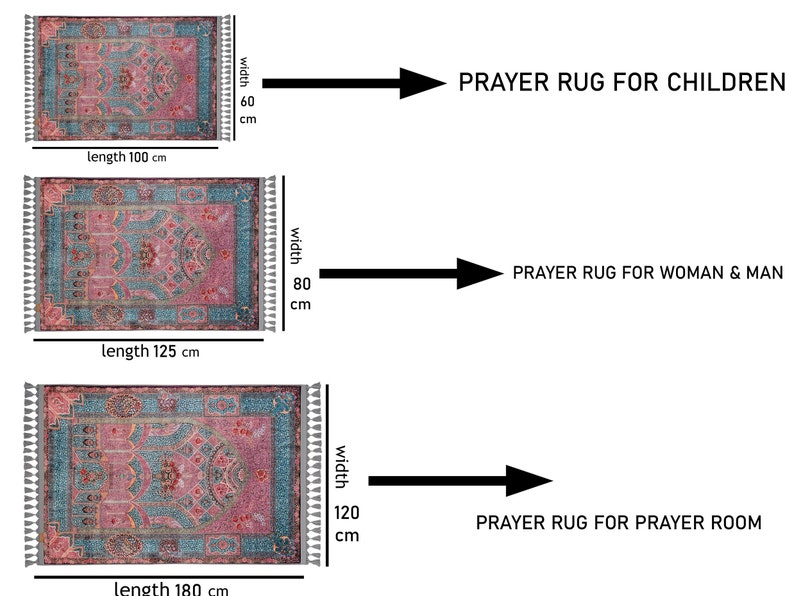 May include: Three prayer rugs with different sizes and dimensions. The smallest rug is 60 cm wide and 100 cm long, the middle rug is 80 cm wide and 125 cm long, and the largest rug is 120 cm wide and 180 cm long.