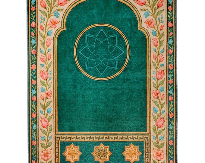 Prayer Rug – Green Islamic Prayer Mat with Floral Border and Mihrab Design – Muslim Gift for Men – Wall Hanging Option – Turkish Style