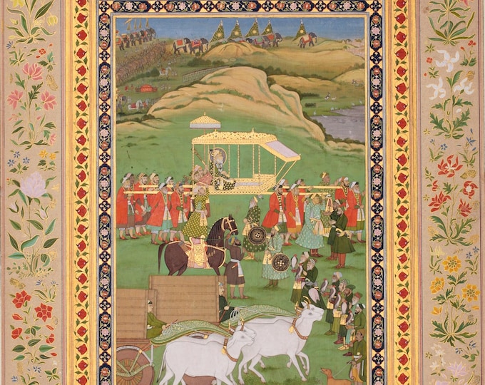 Mughal Emperor Aurangzeb Wall Art, Indian Miniature Painting, Mughal Hunting Scene, Oriental Home Decor