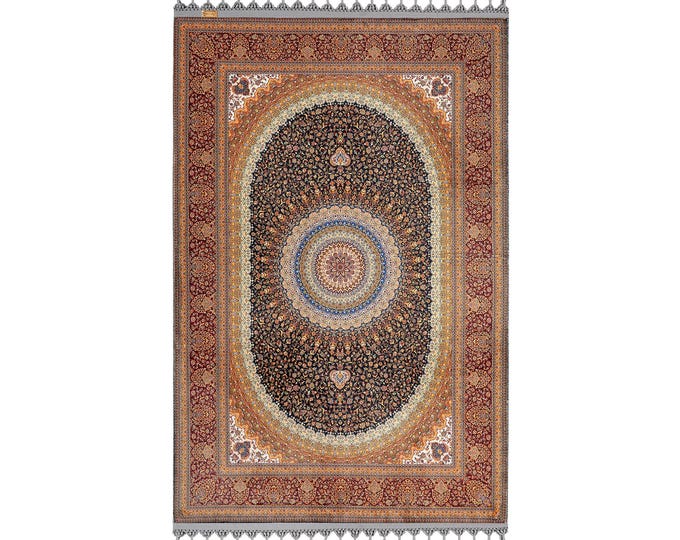 Prayer Rug – Hand-Woven Turkish Design | Navy Blue & Orange Medallion Pattern | Elegant Islamic Mat | Multipurpose Muslim Gift Idea