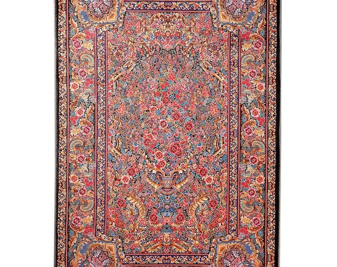 Prayer Rug – Multicolor Persian Floral Mat with Tassels, Soft Velvet Muslim Rug for Living Room, Guest Room, Wall Decor Use