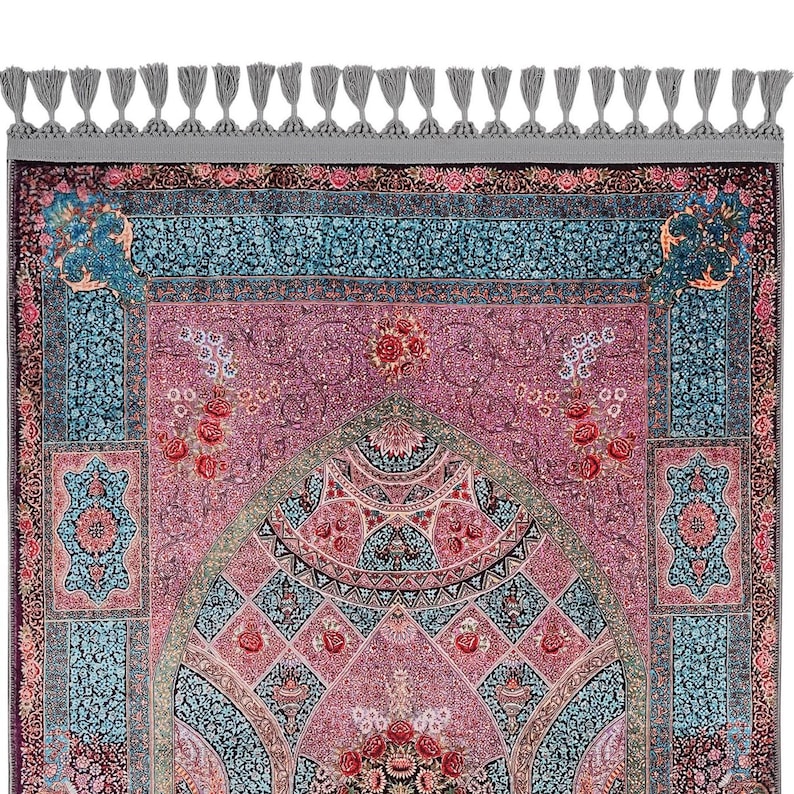 personalised Prayer Mat Pink Blue Floral Mihrab Silky Soft Gebetsteppich Muslim Prayer Rug image 3