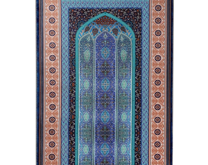 Prayer Rug – Blue Mihrab Arch Design with Tassels, Elegant Islamic Wall and Floor Mat for Muslim Prayer Room Décor
