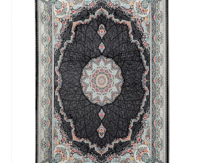 Prayer Rug Black Floral Turkish Carpet – Luxury Islamic Home Decor for Muslim Prayer Room, Living Room, Gift for Women Men Mom Dad 9x12 ft