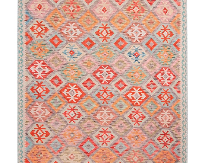 Turkish Kilim Rug – Flatwoven Colorful Carpet – Red Orange Aqua Geometric – 3x5 4x6 5x7 ft – Living Room Hallway Bedroom Entry Office