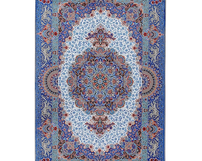 Prayer Rug Blue Red Floral Turkish Carpet – Luxury Islamic Gift for Home Decor Bedroom Living Room Office Hotel Lobby Custom Size 6x9 ft