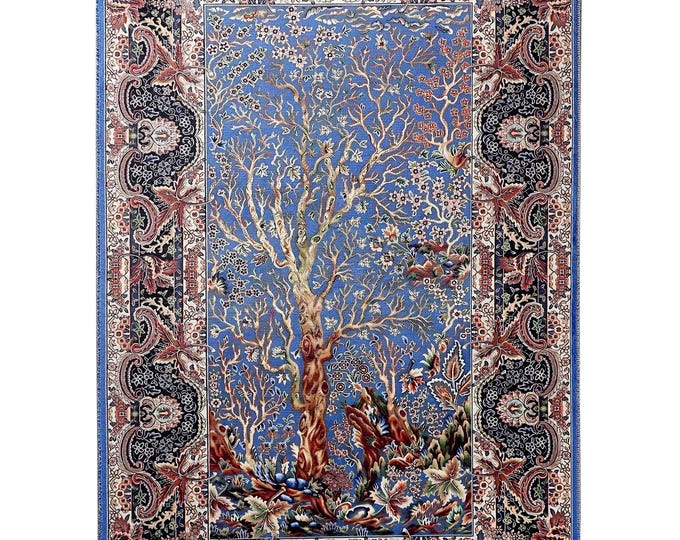 Prayer Rug Blue Tree of Life Islamic Traditional Carpet – Soft Muslim Mat for Living Room Wall Hanging Home Décor Gift for Women 3x5 4x6 ft