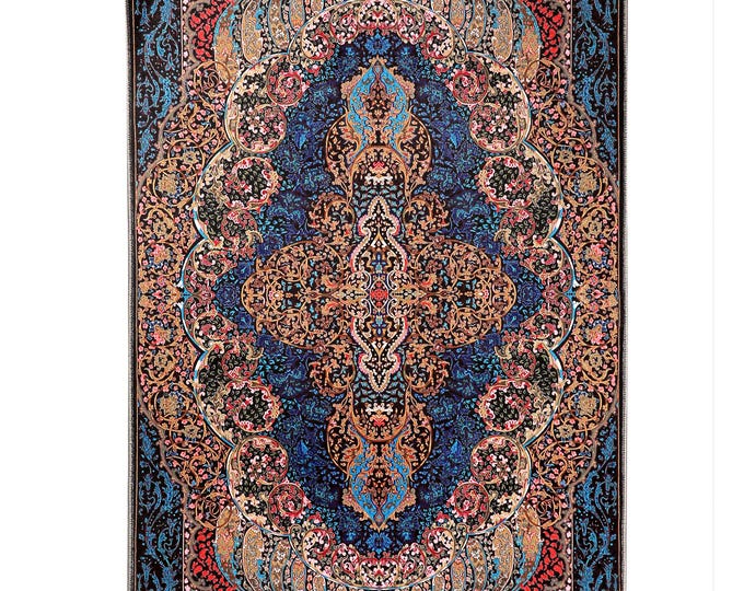 Prayer Rug – Royal Blue and Gold Floral Islamic Mat – Persian Turkish Carpet with Tassels – Gift for Muslim Home or Spiritual Space