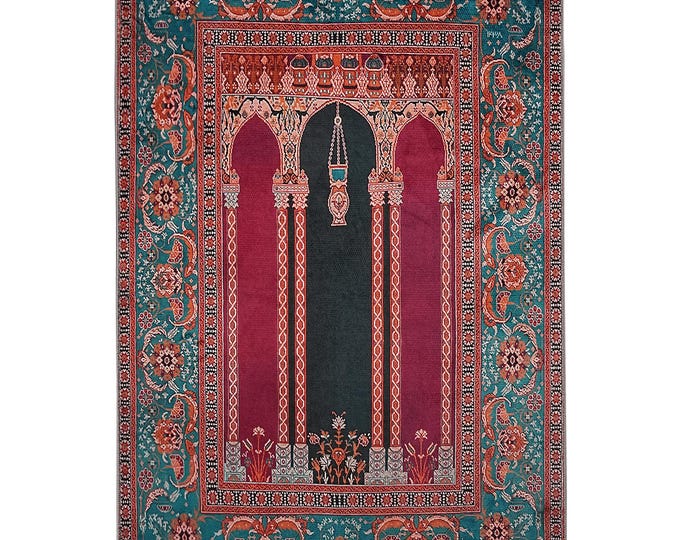 Prayer Rug Green Red Floral – Turkish Muslim Mat with Classic Arch Design – Soft Washable Islamic Carpet – Non Slip Gift for Men Women