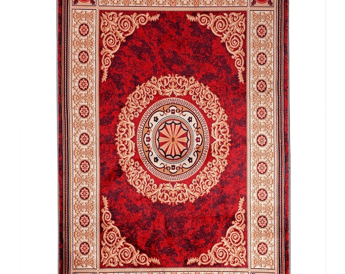 Prayer Rug – Deep Red Ottoman Style Islamic Carpet with Gold Details – Use as Floor Mat or Wall Hanging – Luxury Muslim Home Decor Gift
