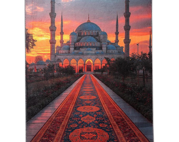Prayer Rug – Blue Mosque Turkish Islamic Velvet Mat – Wall Tapestry for Muslim Home Décor – Soft Gift for Men Women Ramadan Eid