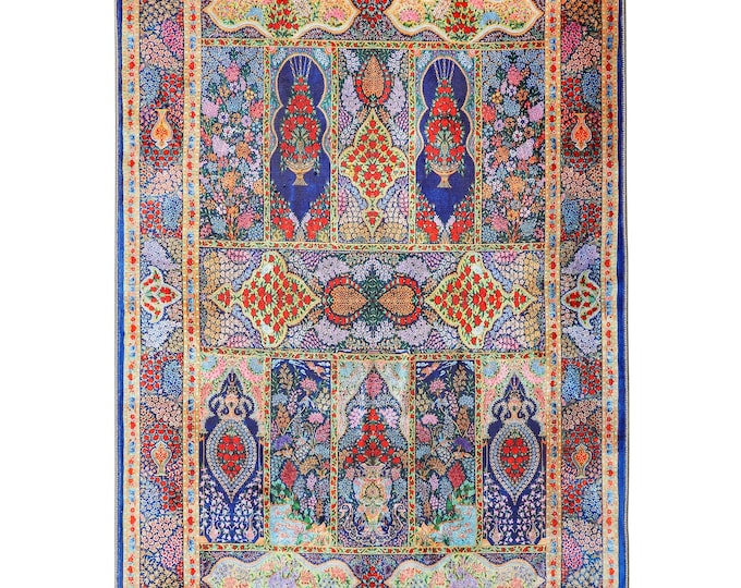 Navy Blue Multicolor Floral Turkish Prayer Rug – Elegant Islamic Mat – Soft Non-Slip Texture – Ideal Gift for Muslim Home or Ramadan