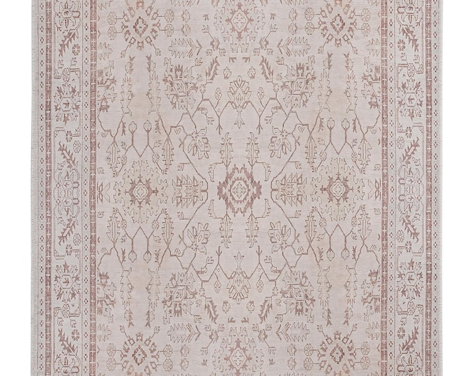 Neutral Turkish Floral Rug: Flatwoven Kilim Style, Easy-Care