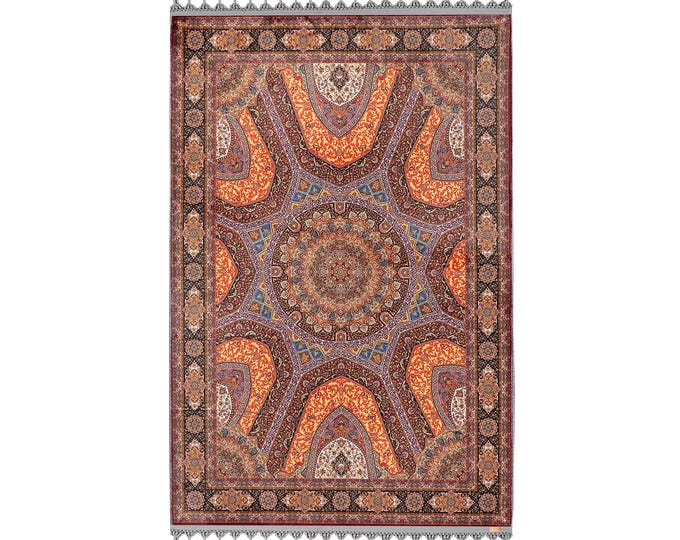 Prayer Rug –Turkish Medallion Carpet – Star Design Oriental Rug in Orange and Brown – Area Rug for Hotel Lobby, Entryway, Living Room Decor