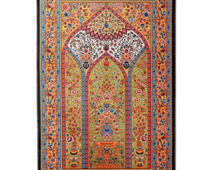 Prayer Rug Turkish Green Floral Islamic Carpet – Colorful Soft Muslim Gift for Mom Dad Women – Home Decor Mat Custom Size 5x7  3x5 4x6 6x9
