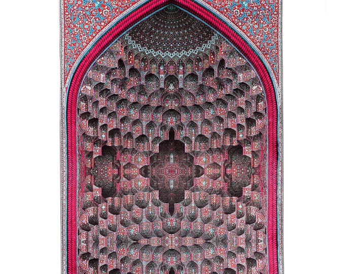 Prayer Rug – 3D Pink Mihrab with Geometric Dome Design – Islamic Mat for Muslim Prayer – Gift for Her, Mom, Wife, Muslim Friend