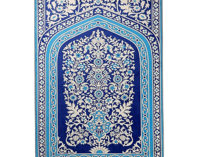 Prayer Rug Blue Mihrab Islamic Turkish Carpet – Soft Muslim Gift for Mom Dad Women Men – 3x5 4x6 5x7 6x9 ft Custom Size Decor Mat