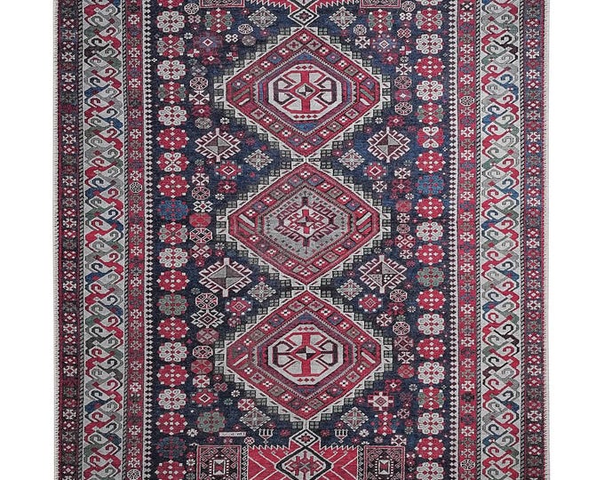 Turkish Rug Mat : Anatolian Geometric Pattern , Red & Blue 8x10 Carpet