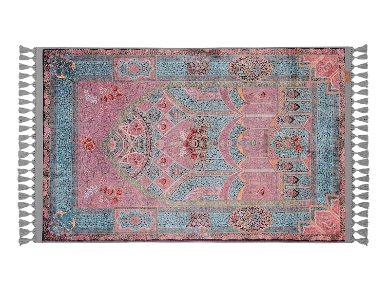 personalised Prayer Mat Pink Blue Floral Mihrab Silky Soft Gebetsteppich Muslim Prayer Rug image 2