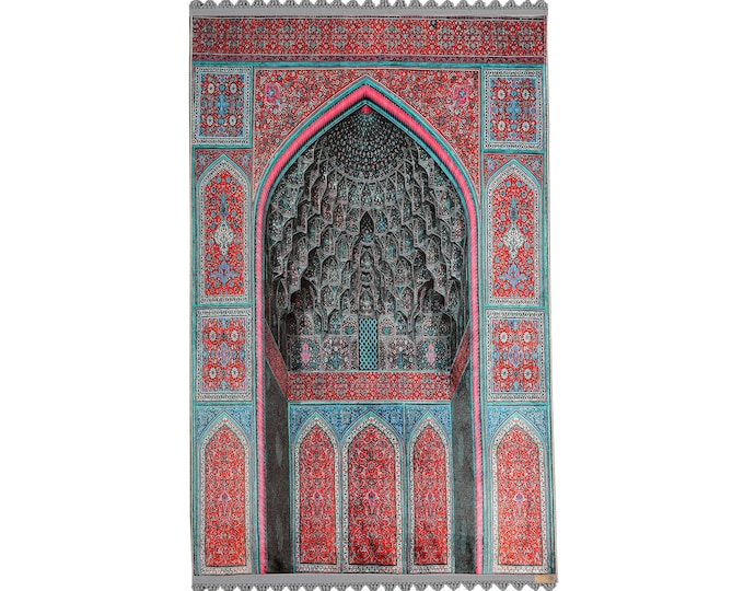 Prayer Rug – Red and Turquoise Mihrab Design – 80x125 cm Soft Velvet Muslim Prayer Mat for Wall and Floor Use
