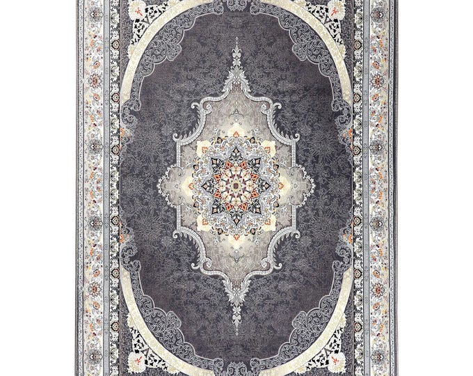 Prayer Rug – Gray and Cream Medallion Design with Tassels, Elegant Islamic Wall and Floor Mat for Modern Living Room Décor