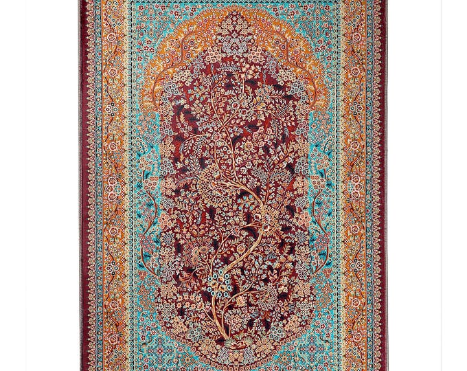 Prayer Rug – Red and Green Soft Floral Islamic Mat with Tassels – Persian Style Turkish Carpet – Ramadan or Eid Gift for Muslim Home