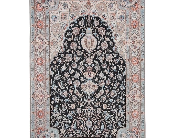Prayer Rug – Navy Blue Turkish Mihrab Floral Design – Soft Islamic Prayer Mat – Muslim Gift for Men, Women, Mom, Dad – Personalized Mat