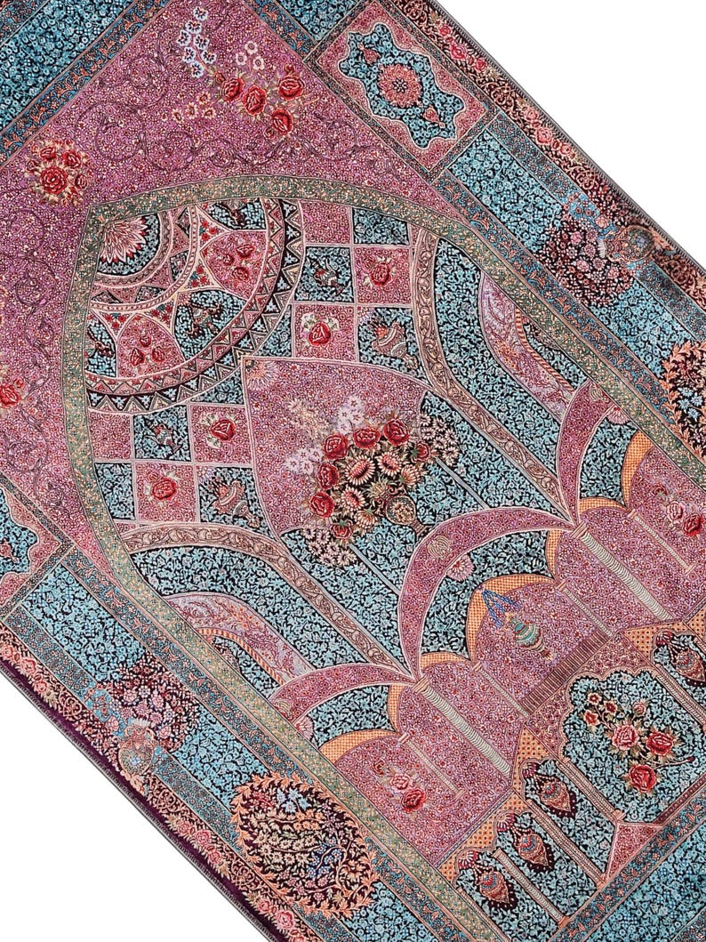 personalised Prayer Mat Pink Blue Floral Mihrab Silky Soft Gebetsteppich Muslim Prayer Rug image 9