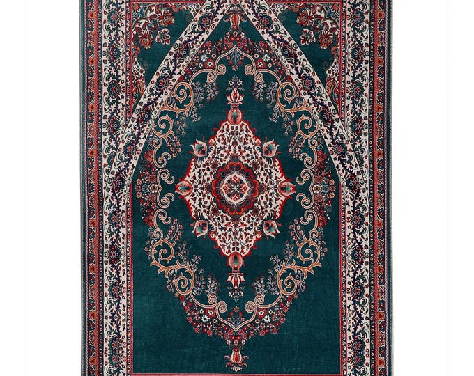 Prayer Rug Green Red Mihrab – Custom Islamic Wall Tapestry Turkish Prayer Carpet Luxury Gift for Mom Dad Women Men Personalized Decor 3x5 ft