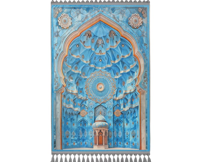 Prayer Rug – Turquoise Blue Orange Mihrab Design – Luxury Soft-Touch Islamic Mat – Turkish Craftsmanship – Elegant Muslim Gift for Mom Dad