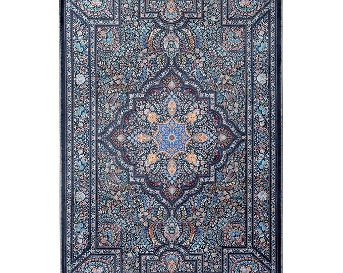 Prayer Rug – Dark Blue Persian Floral Medallion Design – Islamic Mat for Muslim Prayer Rug– Gift for Mom, Dad,  Turkish Home Room Decor