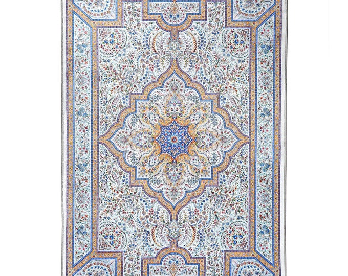 Prayer Rug – White and Blue Floral Medallion with Gold Accents – Turkish Islamic Mat – Gift for Her, Mom, Wife, Muslim Home Decor