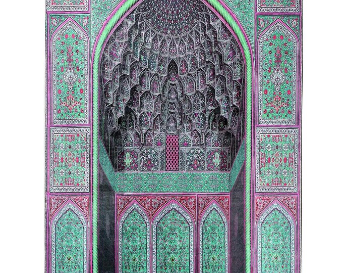 Prayer Rug – Green Pink Mosque Mihrab Design – Turkish Islamic Velvet Mat – Very Soft & Silk Touch – Gift for Mom, Dad - Muslim Parents