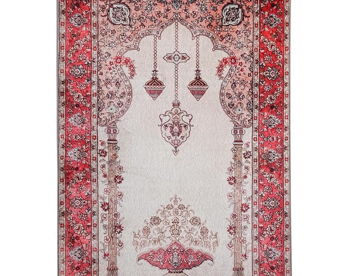 Prayer Rug – Red White Mihrab Ottoman Design – Soft Islamic Carpet – Personalized Muslim Mat – Gift for Men Women Mom Dad Wall Decor