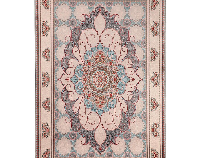 Prayer Rug Cream Blue Turkish Carpet – Luxury Islamic Floor Mat for Living Room, Bedroom, Kitchen, Office, Entryway – Muslim Gift 5x7 ft 6x8