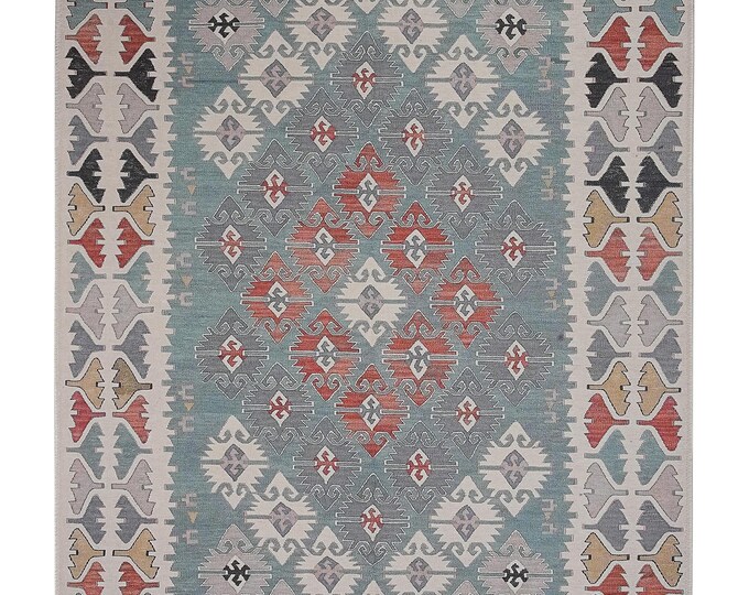 Turkish Kilim Rug – Flatwoven Chenille Carpet | Washable, Non-Slip, Cotton Backing | Vintage Anatolian Pattern Area Rug