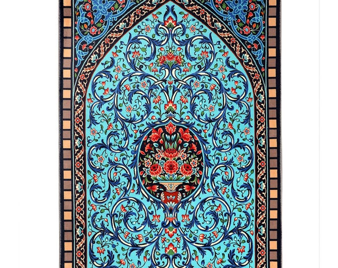 Prayer Rug – Floral Arch Design – Turquoise Blue Islamic Mat – Red Flower Motif – Soft Non Slip Muslim Gift – Ottoman Inspired