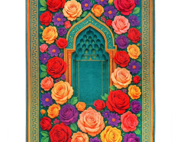 Prayer Rug – Floral Islamic Prayer Mat with Mihrab Design – Colorful Muslim Gift for Women – Wall Hanging Option – Ideal for Prayer Room