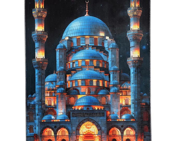 Prayer Rug – Blue Mosque Design Islamic Mat – Velvet Soft Muslim Gift – Wall Hanging or Floor Rug – Mosque Art Decor for Prayer Room