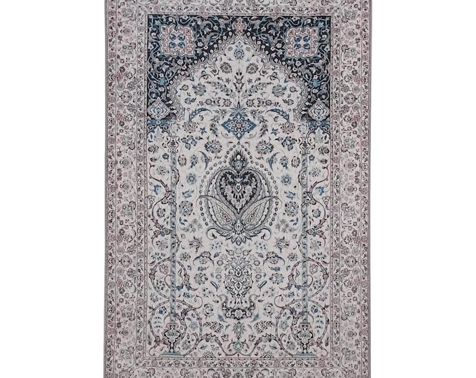 Luxurious Beige Prayer Rug with Classic Turkish Medallion Pattern  | Customizable Size and Soft Silk Touch  Perfect Gift Idea for Loved Ones