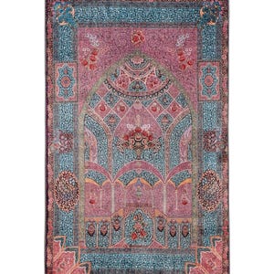 personalised Prayer Mat Pink Blue Floral Mihrab Silky Soft Gebetsteppich Muslim Prayer Rug image 1