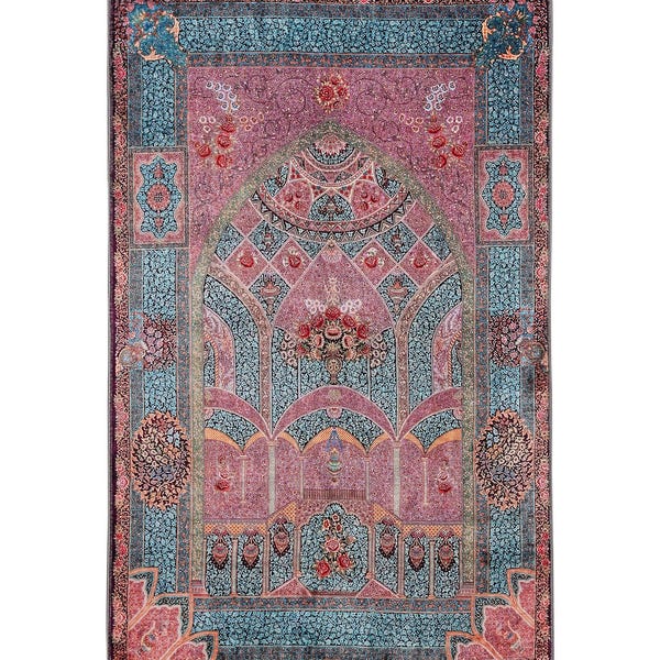 Prayer Mat Pink Blue Floral Mihrab Silky Soft Gebetsteppich Muslim Prayer Rug Islamic Gift