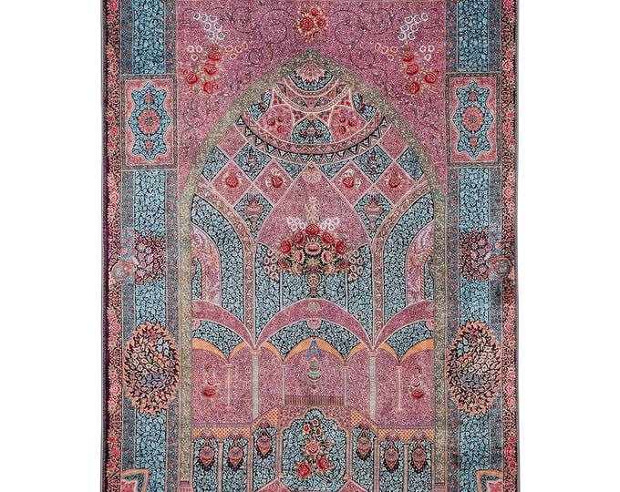 Luxury Prayer Rug Turkish Carpet – Blue and Pink Floral Design – Islamic Mat – Gift for Mom and Dad – Wedding and Housewarming Decor – 3x5
