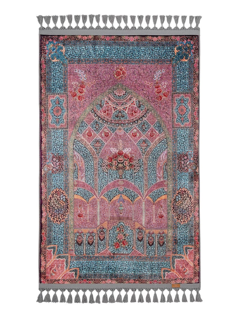 personalised Prayer Mat Pink Blue Floral Mihrab Silky Soft Gebetsteppich Muslim Prayer Rug image 1